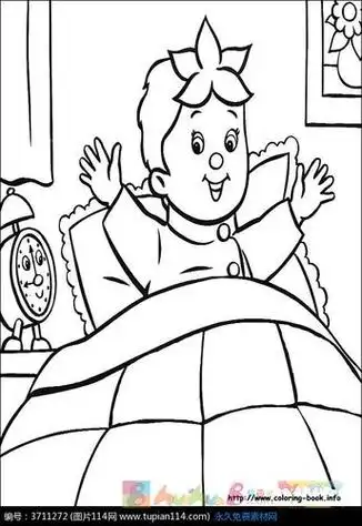 卡通起床的小孩黑白简笔画图片素材