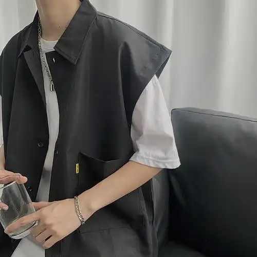 夏季无袖外搭男外穿短袖日系潮流嘻哈港风衬衣衬衫