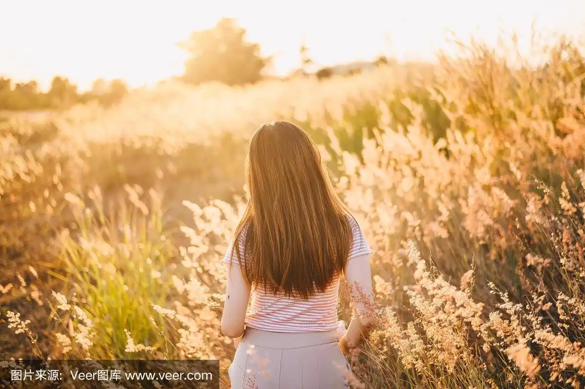 在温暖的阳光下,年轻女子走在草地上的背影.