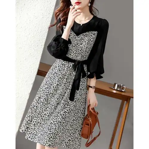 外贸秋装2023年新款秋季宽松裙子长袖韩版拼接系带连衣裙中长裙