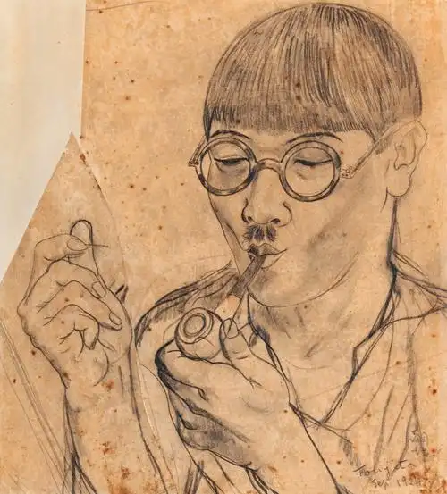 0146 1924年作 举着烟斗的自画像 铅笔 硫酸纸 由艺术家本人裱于纸本