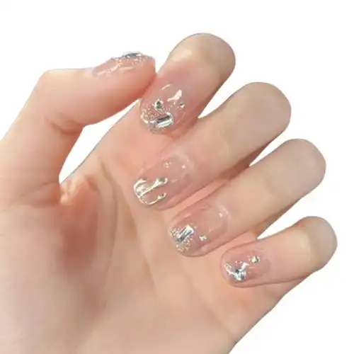 爆闪魔镜水滴闪粉裸色美甲成品穿戴高级短款美甲工具