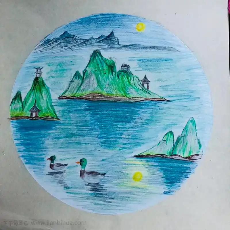 儿童画银奖作品《望洞庭》 彩色儿童画