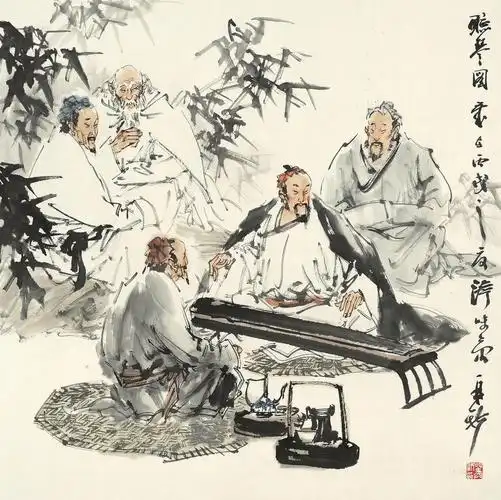 0107 丙戍(2006)年作 听琴图 镜片 设色纸本