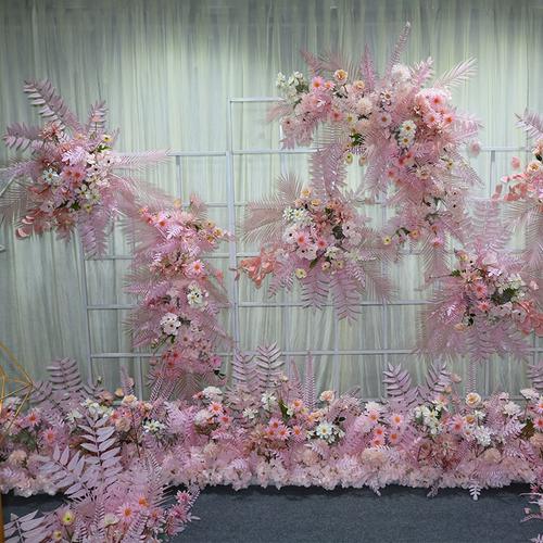 新款粉色婚庆道具场景花艺排花酒店婚礼小成本婚礼布置背景墙装饰