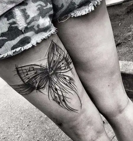 线条大腿蝴蝶结纹身图案