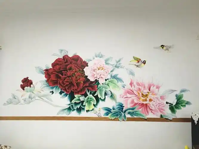 可根据客户喜好来单独定制墙绘画面,此墙绘为牡丹图,大小约宽3米x高2