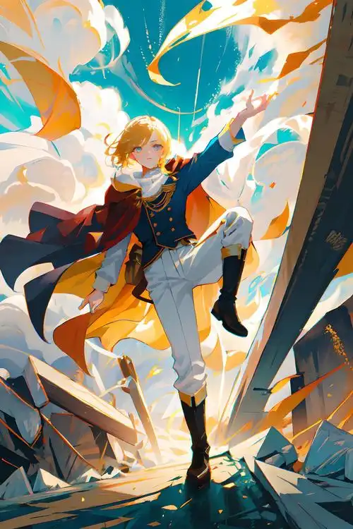 蓝眼睛金发男孩独自穿着靴子,披着披风,穿着黑色鞋子和裤子的二次元