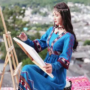 两人故事云南复古民族风女装连衣裙冬印花裙子拉萨旅游衣服qz0823