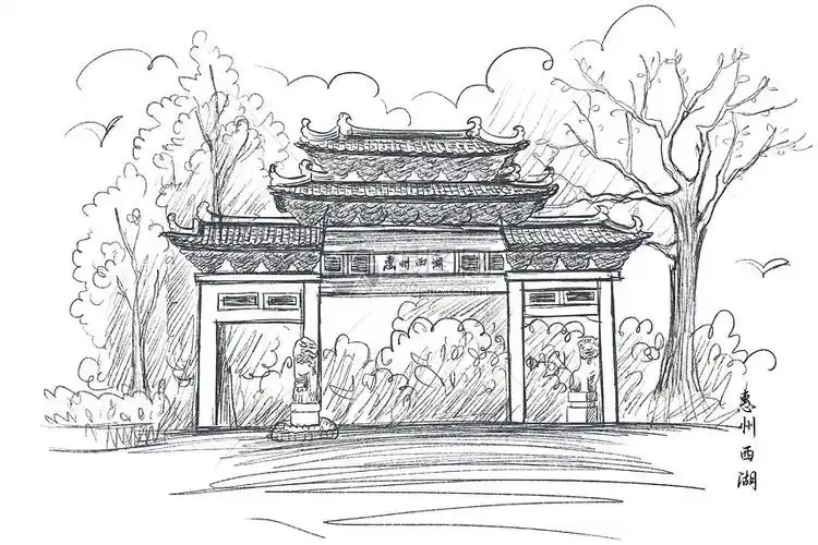 国内旅游景点速写广州泰州西湖