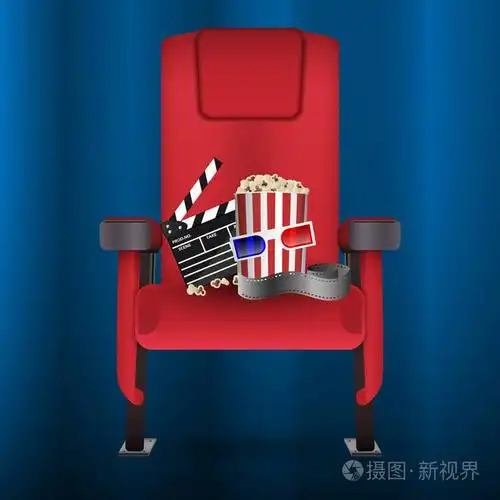 逼真的红色电影院电影影院座椅带胶片带, 爆米花桶, clapperboard 和