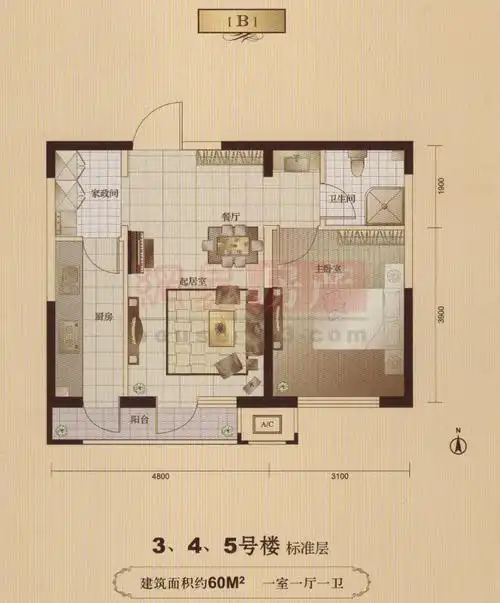 万年花城濠景60平米-一室一厅一卫