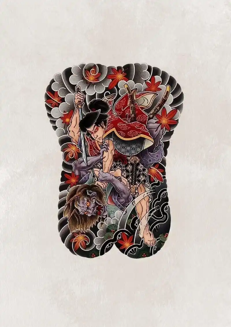 平惟茂红叶狩·日式满背纹身.