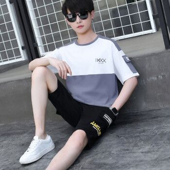 靓曼格 夏装学生男套装男童13男生夏季短袖t恤胖男孩衣服12-15岁初中