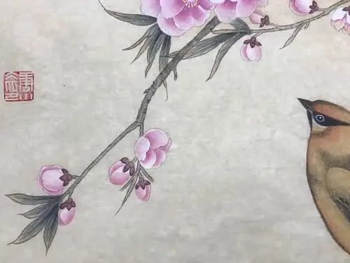 蓝紫工笔花鸟画:《太平桃花图》