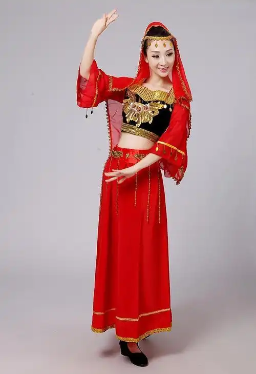 新疆演出服民族服装开场舞大摆裙维族舞蹈服女装伴舞裙广场舞服装 黑