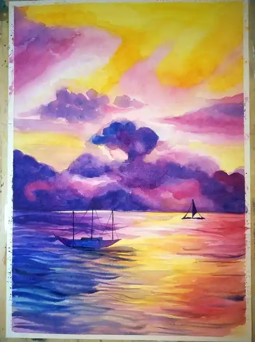 落日晚霞水粉画晚霞水粉画简单