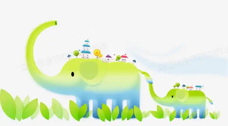 卡通手绘绿草大象背上小房子