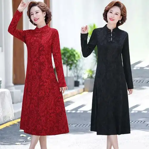 新款中年妈妈装秋装连衣裙中长款改良旗袍裙大码中老年女装裙子秋