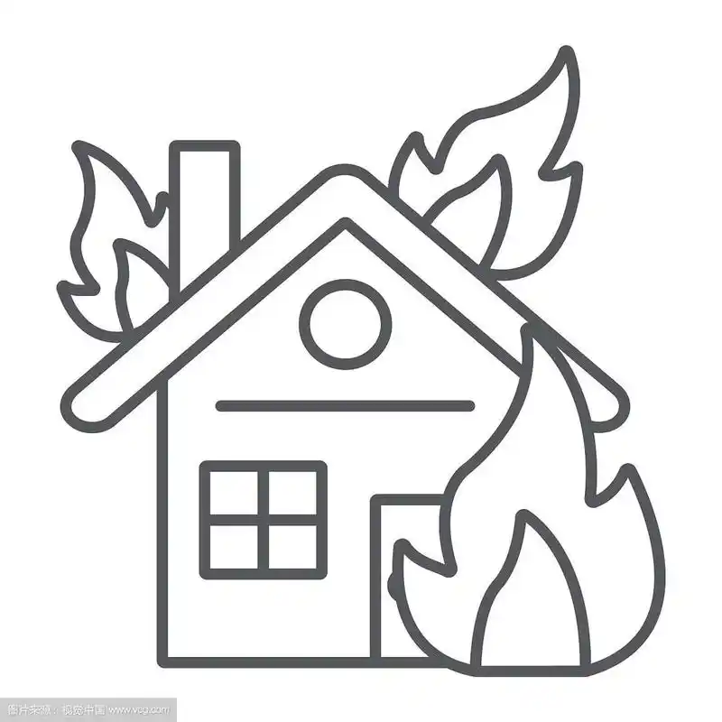 房子着火了细线图标燃烧和事故