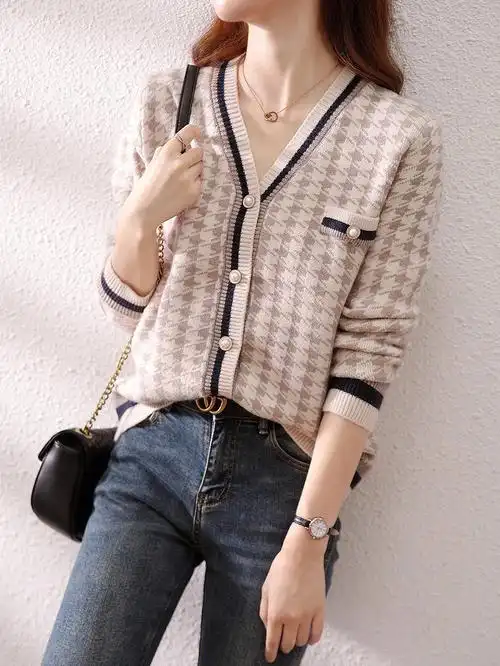 新品千鸟格针织开衫女v领