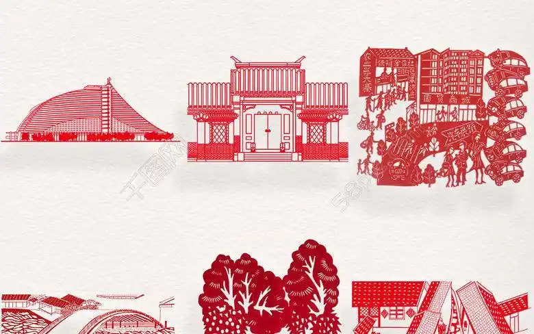 玻璃装饰画手工刻纸宣纸a4大小剪纸中国古建筑传统剪纸中国红透明背景