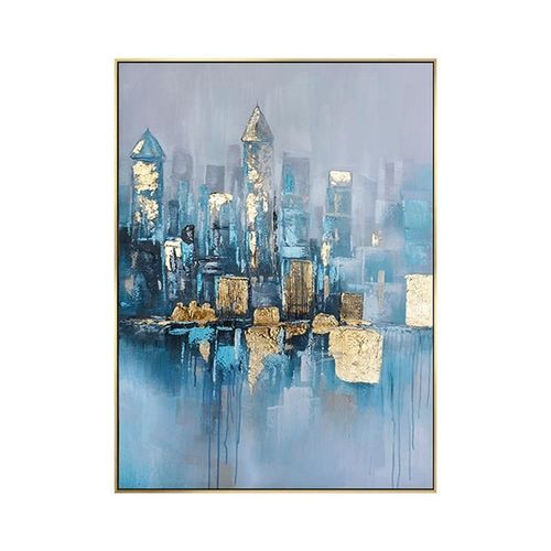 手工油画定制玄幻装饰画金箔色客厅轻奢挂画城市建筑走廊大幅壁画