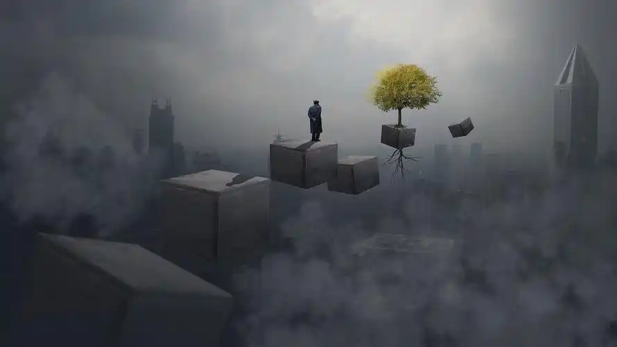 遥望着悬浮在空中的树,这幅图表达的意境是什么?