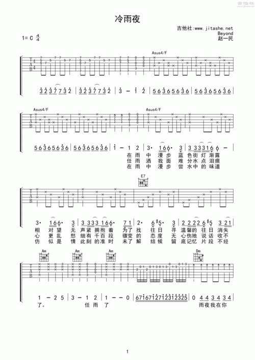 冷雨夜吉他谱(图片谱,弹唱)_beyond_冷雨夜01.gif