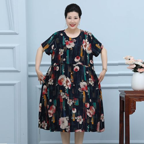 2022中老年夏装大码裙子人造棉花裙子加肥加大妈妈裙棉稠连衣裙女