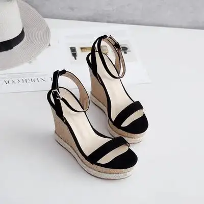 新款坡跟麻绳包底一字带超高坡跟厚底凉鞋真皮