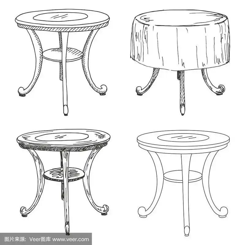 素描集孤立的家具.不同的表.白色背景上的线性黑色表格.矢量插图.