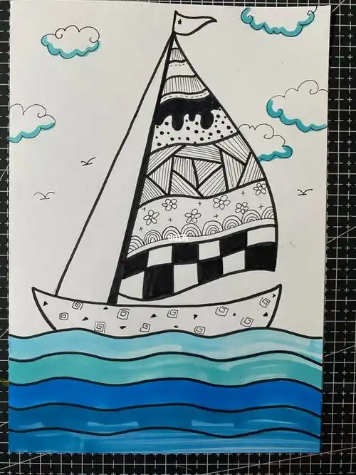 帆船儿童画帆船77线描黑白装饰画