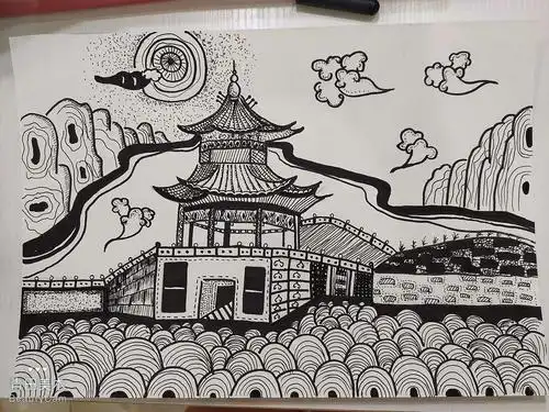 金旭校区周日线描古建筑装饰画