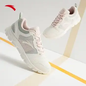 易弯折安踏女鞋轻便跑步鞋女新款革面减震软底春季休闲运动鞋象牙白白