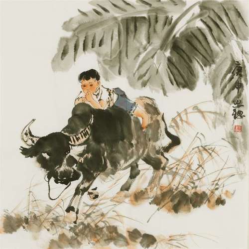 纯手绘四尺斗方临摹周思聪写意人物牧童骑牛图名人字画中国画书画