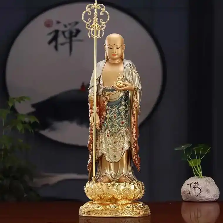 纯铜高温着色贴金镶宝站像地藏王菩萨. 遇见即是佛缘,愿大家平 - 抖音