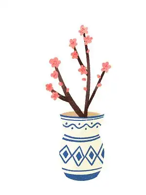 蓝色花纹手绘花瓶梅花花枝植物png素材元素