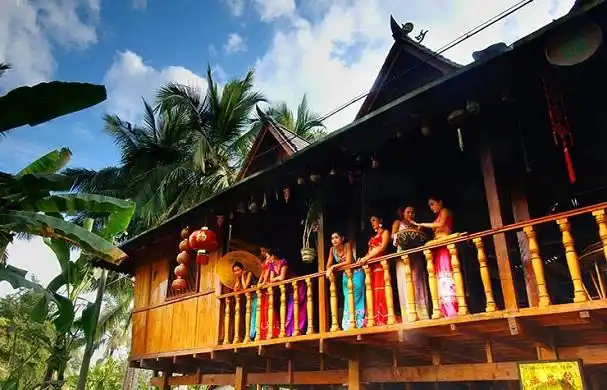 傣家竹楼的造型属干栏式建筑,它的房顶呈"人"字型,西双版纳地区属热带