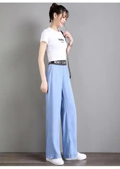 夏季冰丝休闲裤女冰丝牛仔七分裤新款小雏菊高腰显瘦宽松阔腿裤女冰爽