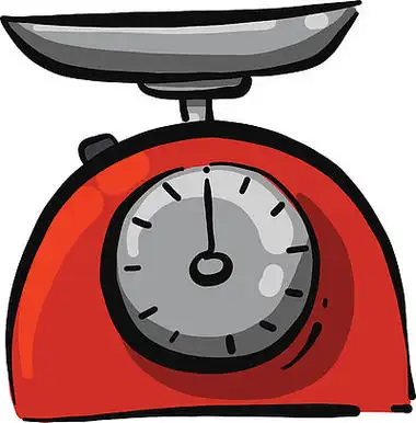 3卡通蓝色的电子体重秤230红色食品秤,插图,白色背景上的矢量.