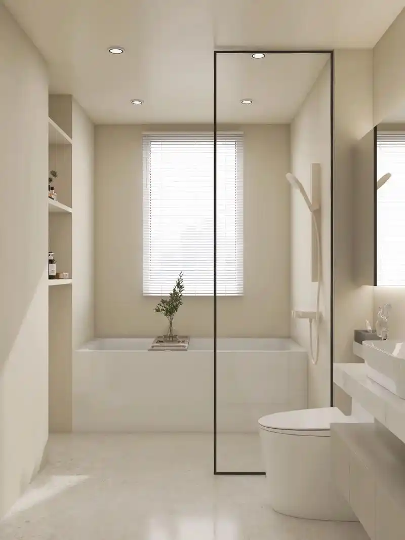 拥有恒温花洒的快乐 巴适upup!奶油风极简卫生间 隔断门超 - 抖音