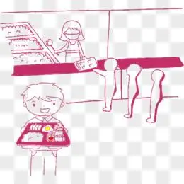 创意插画幼儿园学生儿童排队打饭吃饭元素pngpsd打篮球卡通木桶饭咖喱
