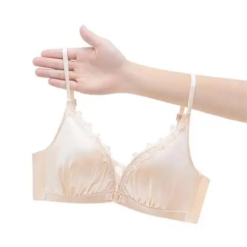 少女士前扣聚拢缎面拼接蕾丝花边内衣无钢圈轻薄舒适上托文胸套装