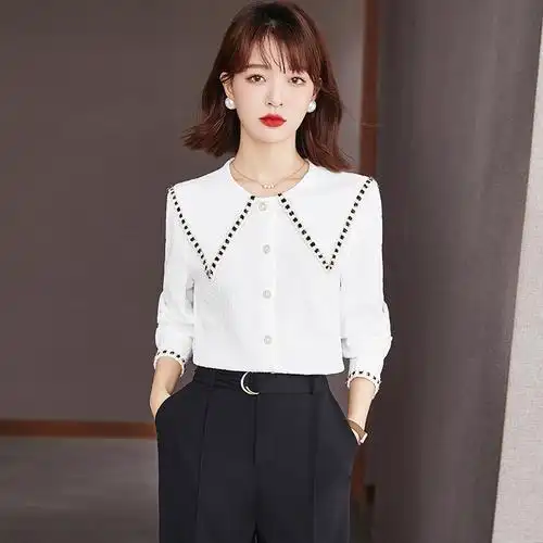 正品哥弟新款202春秋复古娃娃领衬衫女设计感小众长袖气质衬衣