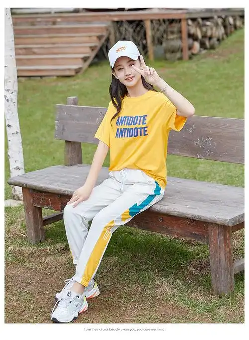 初中生夏装女套装中学生夏季休闲运动两女114女孩夏天衣服 白色上衣