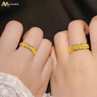 mling999足金戒指男女情侣一对结婚对戒黄金素圈款戒子七夕情人节礼物