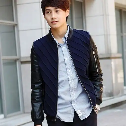 新款男士冬装外套 韩版斜纹水洗皮圆领 休闲修身夹克皮衣潮男
