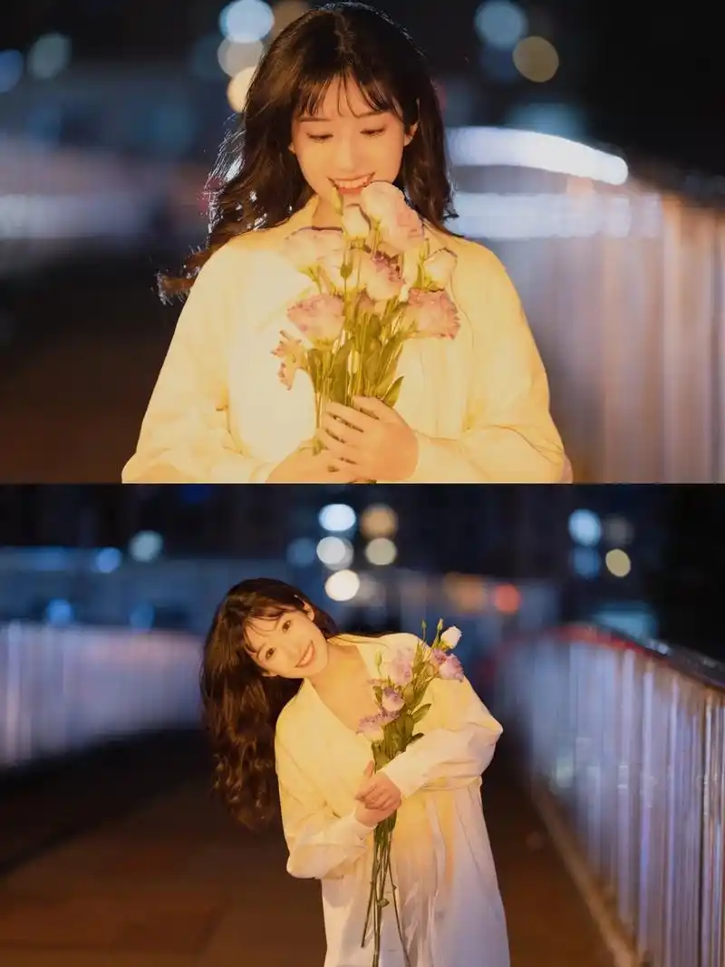 夜景氛围感捧花拍照的10个动作分享.夜幕降临,城市灯光闪耀～ - 抖音