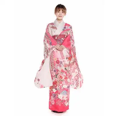 日本樱花和服传统正装振袖定位印花抗皱熨烫粉色民族服装